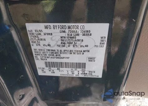 2005 Ford F-150 Fx4/Lariat/Xlt из США, поврежденный, VIN 1FTPW14575KD69197